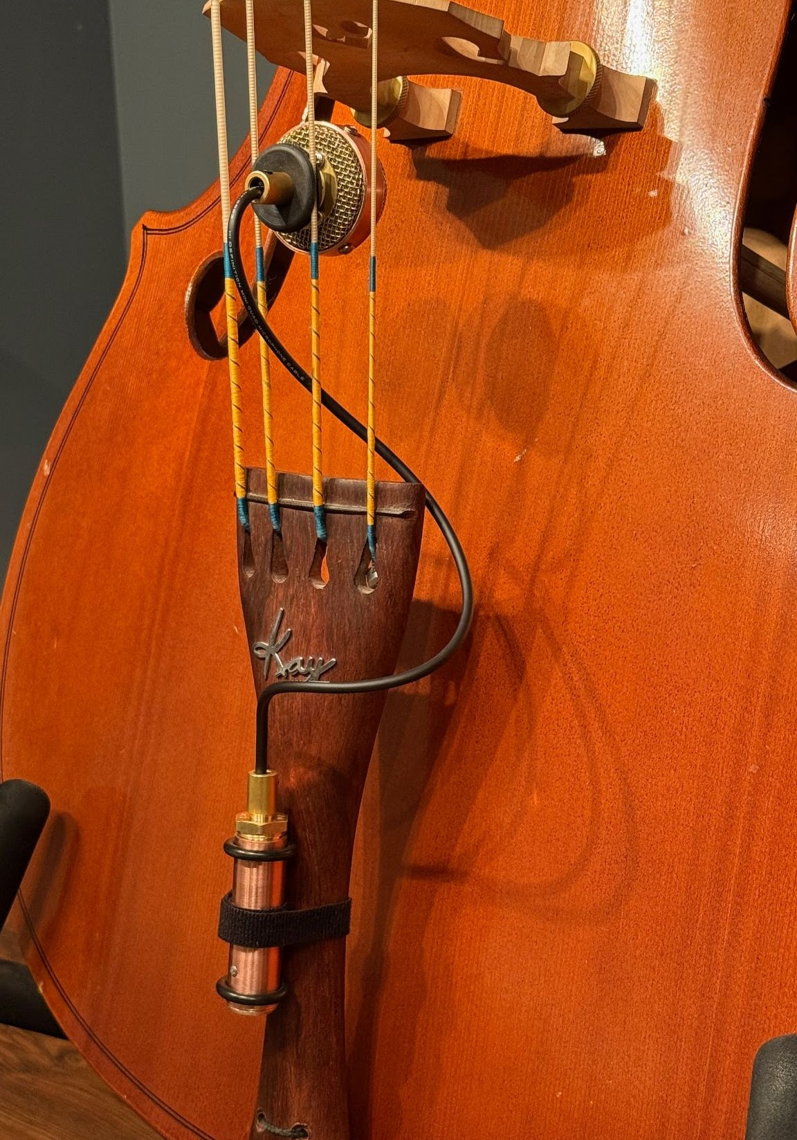 Chester mounted below the bridge of an upright bass
